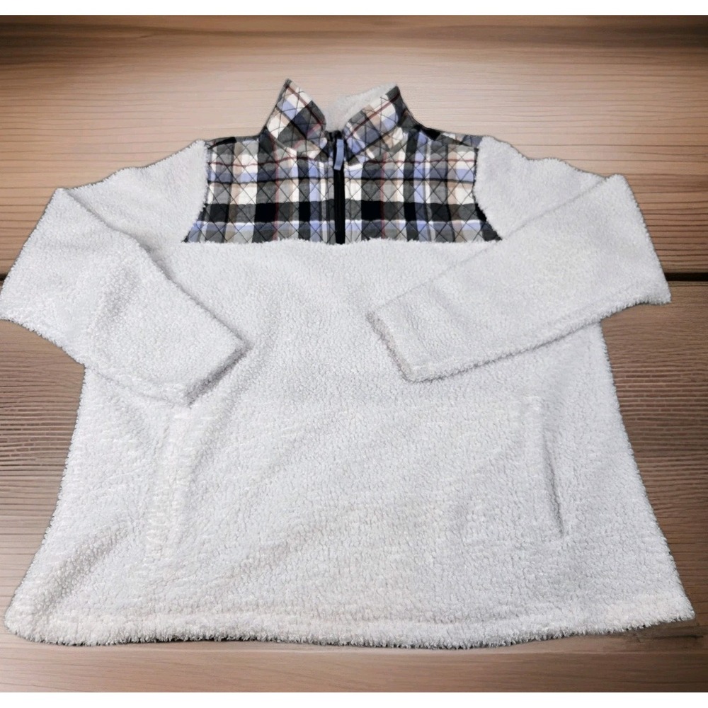 Vera Bradley Teddy Fleece Sweater Womens L‎ White Quarter Zip Plaid Quilted Top